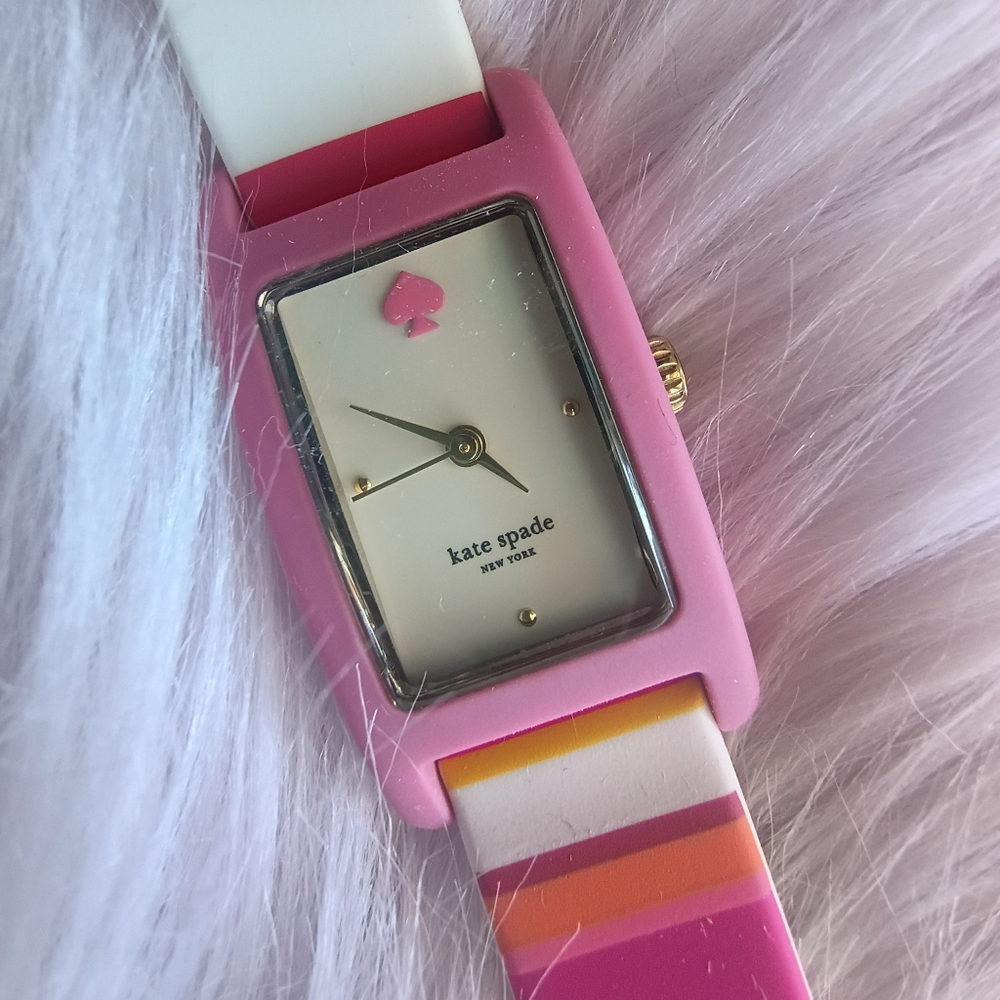 NEEDS BATTERY Kate Spade Red Pink Blue Yellow Orange Striped Silicone Watch - Picture 4 of 16